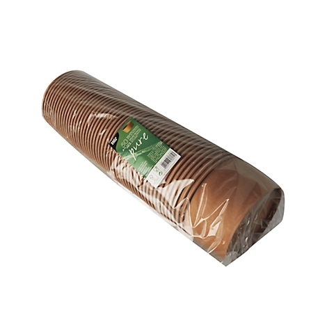 Ein gerolltes Paket aus braunen Pappbechern, in Folie verpackt, mit grünem Etikett.