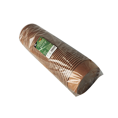 Rolle aus braunen Pappbechern, verpackt in transparente Folie, mit "pure" Etikett.