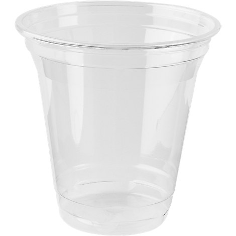 Transparenter Plastikbecher, konisch geformt mit breitem Rand.