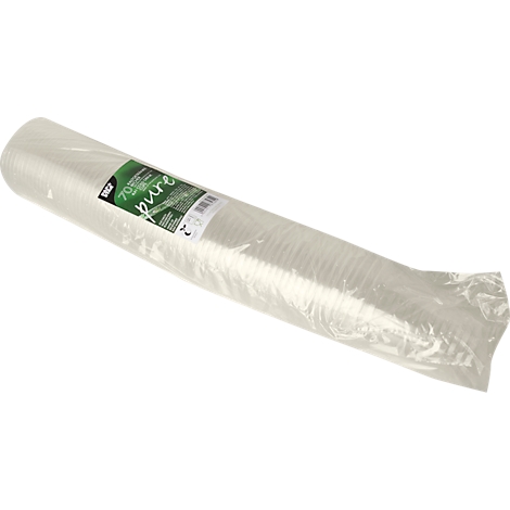 Gerollte weiße Folie in transparenter Plastikverpackung. Etikett mit grüner Schrift.