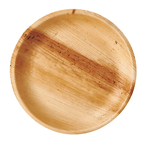 Runder, brauner Teller aus Holz. Die Maserung des Holzes ist deutlich zu sehen.