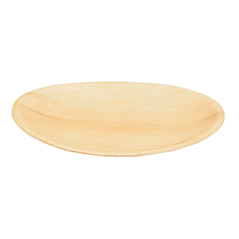 Eine ovale Holzplatte auf weißem Hintergrund.