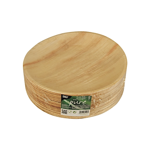 Ein Stapel runder, unbehandelter Holzplatten, teilweise in Folie verpackt, mit Etikett.