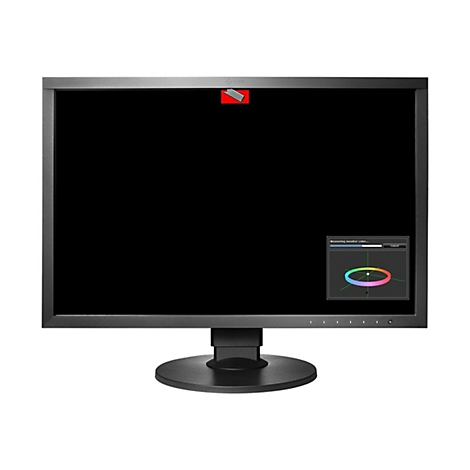 Moniteur noir affichant un cercle chromatique et le message 'Measuring monitor color...'.