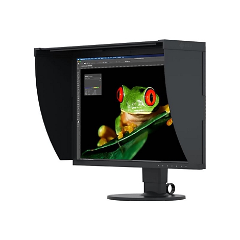 Un moniteur noir avec un pare-soleil affiche une photo de grenouille. L'interface Photoshop et un diagramme sont visibles à l'écran.