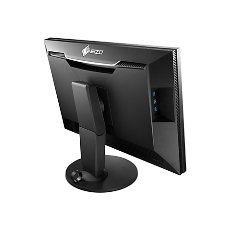 Der schwarze Eizo-Monitor, von hinten gesehen, zeigt das Logo und Anschlüsse.