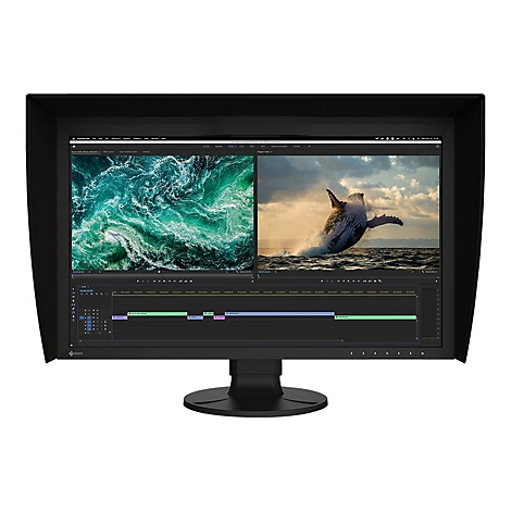 Monitor mit Sonnenblende, auf dem eine Videoschnittsoftware läuft. Auf dem Bildschirm sind zwei Videos zu sehen: eines über den Ozean, eines über einen springenden Wal.