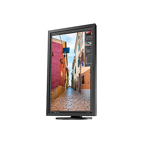 Un grand moniteur noir affiche un paysage urbain coloré. L'écran est presque sans bordure, avec des fenêtres d'outils sur le bord.