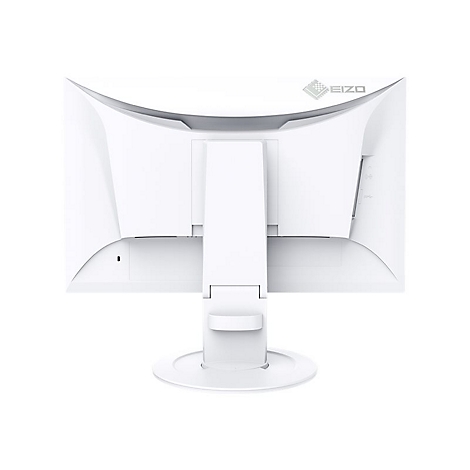 Vue arrière d'un moniteur blanc avec pied. Le logo "EIZO" est en haut à gauche.