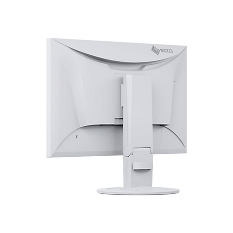 Rückansicht eines weißen Monitors mit Logo, Halterung und Standfuß.