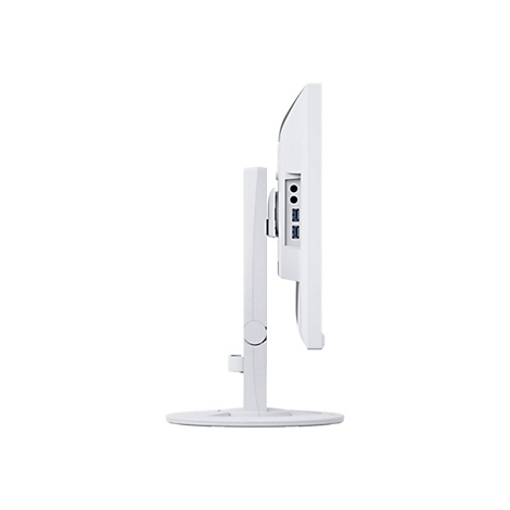 Seitenansicht eines weißen Monitors mit USB-Anschlüssen und Ständer.