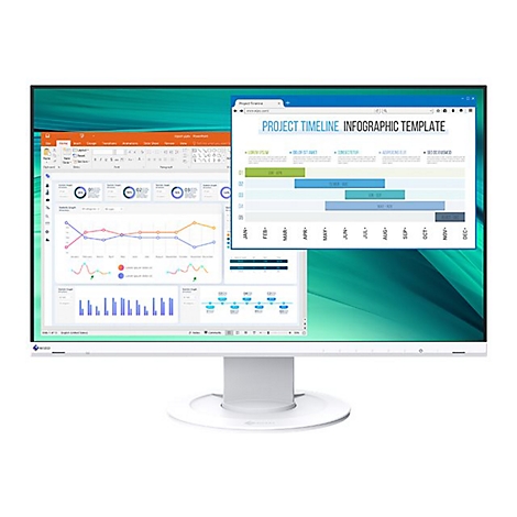 Weißer Monitor mit geöffneten Diagrammen und Projekt-Timeline-Vorlage.