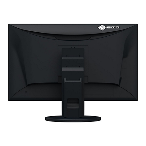 Rückseite eines schwarzen EIZO-Monitors. Oben rechts ist das EIZO-Logo zu sehen. Der Ständer und die Rückseite sind ebenfalls schwarz.