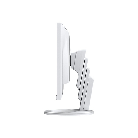 Vue latérale d'un moniteur blanc. L'écran est fin et rectangulaire, posé sur un socle blanc.