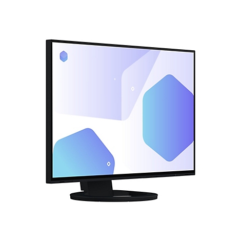 Un écran noir affiche une surface blanche avec des formes géométriques bleues. Le moniteur est placé sur un fond blanc.