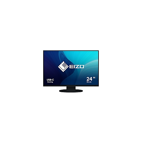 Schwarzer EIZO-Monitor mit 24 Zoll Bildschirmdiagonale, USB-C-Anschluss, auf blau-weißem Hintergrund.