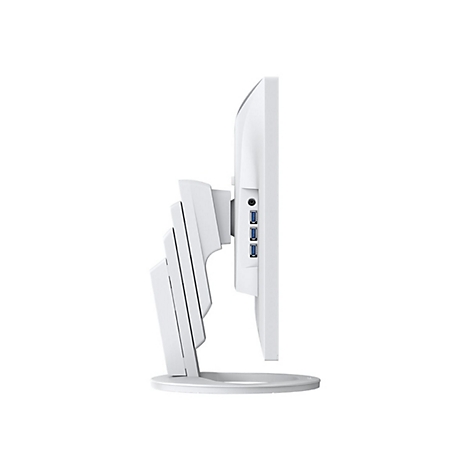 Vue latérale d'un moniteur blanc avec ports latéraux et support.