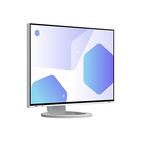 Un écran d'ordinateur gris avec un motif géométrique bleu-violet sur fond blanc. Le moniteur est posé sur un pied blanc.