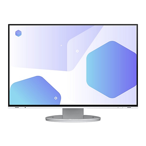 Un moniteur avec un boîtier blanc. L'écran affiche des formes bleues sur fond blanc.