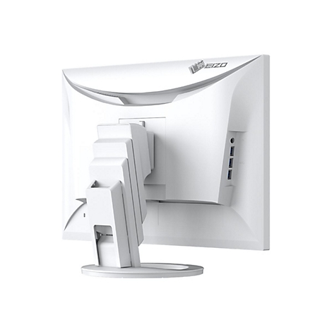 Moniteur Eizo blanc, vue arrière, avec connexions, support et logo Eizo.