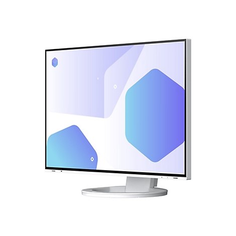 Ein weißer Monitor mit schwarzem Rahmen, der einen blauen und weißen abstrakten Hintergrund anzeigt.
