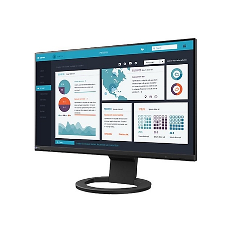 Schwarzer Monitor mit Diagrammen und Daten. Der Bildschirm steht auf einem Tisch. Schwarzer Standfuß.