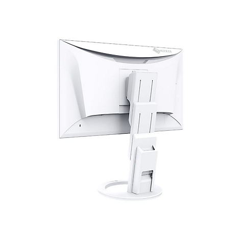 Der weiße Monitor wird von hinten gezeigt, Logo 'Eizo'. Halterung aus drei Teilen, runder Fuß.