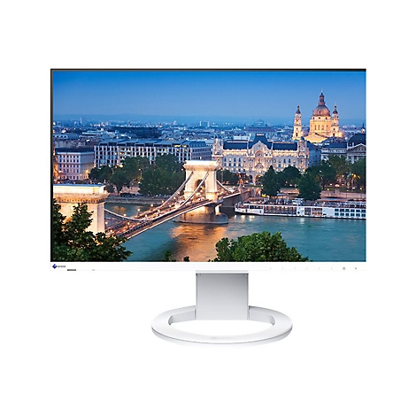 Monitor mit eingeblendetem Nachtblick auf Budapest. Weißes Gehäuse und Standfuß.