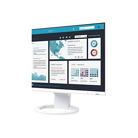 Weißer Monitor mit blau-weißem Bildschirm, der Daten und Diagramme anzeigt. Das Gerät steht auf einem weißen Standfuß.