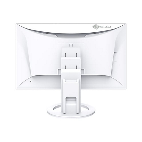 Rückansicht eines weißen Monitors mit Ständer. Oben das Logo, darunter die Halterung und der runde Standfuß.