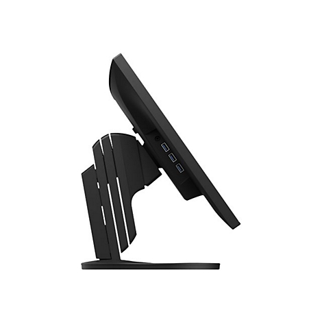 Un moniteur noir de profil, légèrement incliné. Le pied a un design spécial.