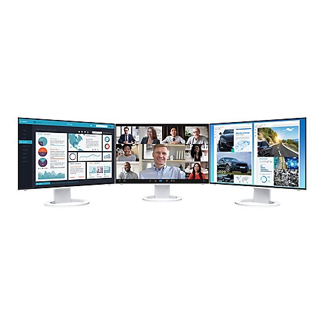 Drei Monitore mit unterschiedlichen Inhalten: Diagramme, Videokonferenz und Autowerbung.