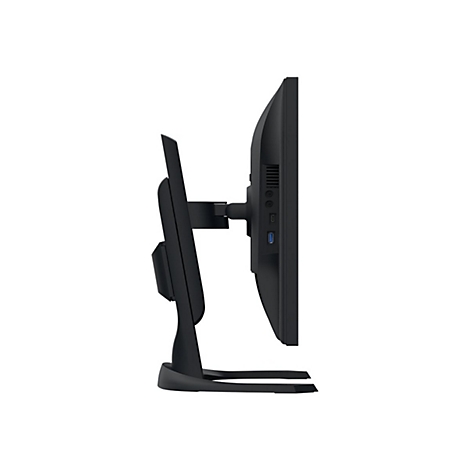 Moniteur noir de profil, avec pied, prises de connexion et fentes de ventilation.