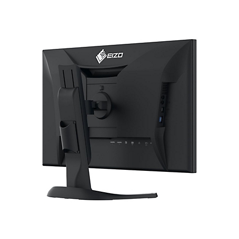 Schwarzer Monitor von hinten mit Standfuß. Anschlüsse und das EIZO-Logo sind zu sehen.