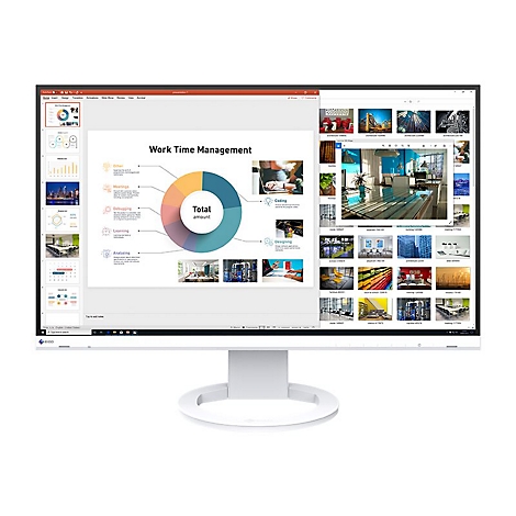 Ein Computermonitor mit Präsentation: 'Work Time Management' und Bilder. Auf weißem Standfuß, schwarzer Rahmen.