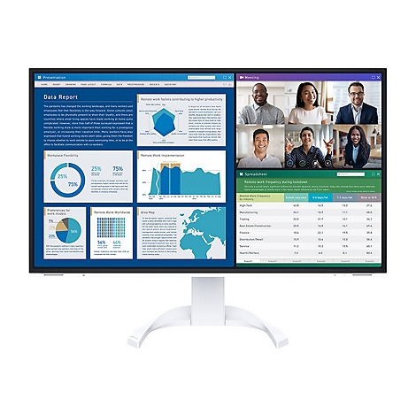 Ein Monitor zeigt Diagramme zu Remote-Arbeit und eine Videokonferenz. Im Hintergrund ist ein weißer Schreibtisch mit dem Monitor.