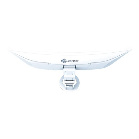 Vue de dessus d'un moniteur blanc avec logo EIZO, design incurvé et pied.