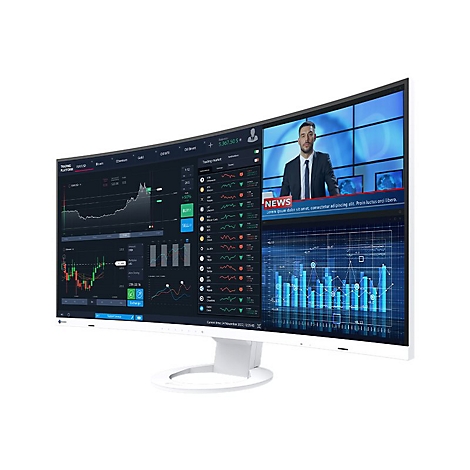 Ein gebogener Breitbildmonitor zeigt Diagramme und Nachrichten, darunter einen Nachrichtensprecher. Der Monitor hat einen weißen Standfuß.