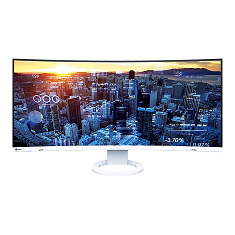 Ein weißer, gebogener Monitor zeigt eine Stadtansicht. Daten und Grafiken überlagern das Bild.