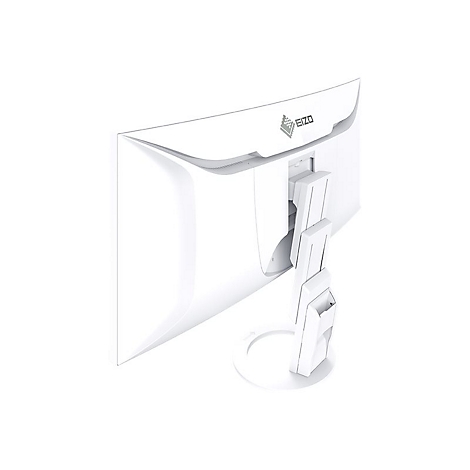 Rückseite eines weißen EIZO-Monitors. Der Standfuß und das Gehäuse sind weiß, das EIZO-Logo ist auf der Rückseite sichtbar.