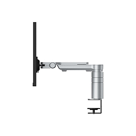 Vue latérale d'un bras de moniteur argenté avec écran noir sur fond blanc.