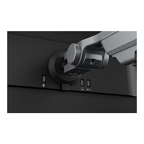 Gros plan de l'arrière d'un moniteur noir avec des ports, dont l'USB-C et un système de montage.