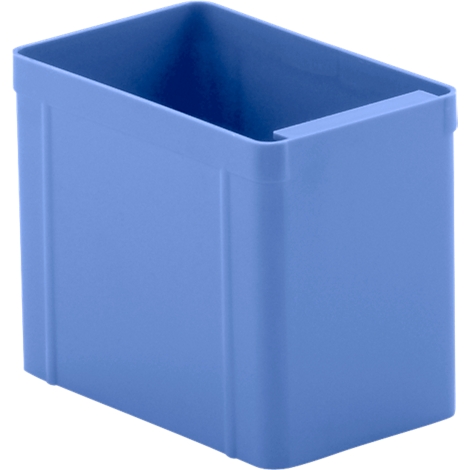 Blue, rectangular storage container. The shape has a rectangular cutout at the top.