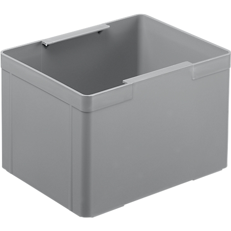 Gray, rectangular plastic box with handles.