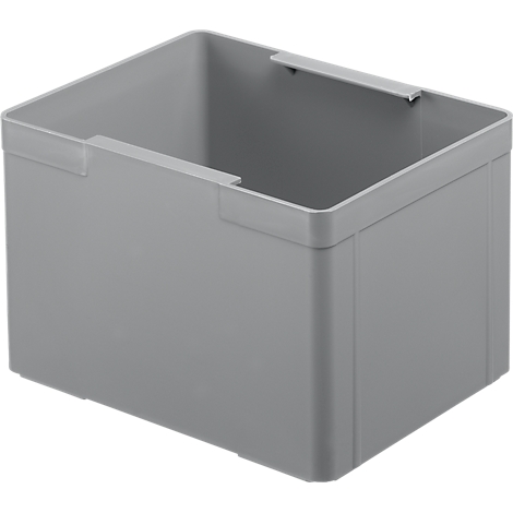 Gray plastic storage box, rectangular, with handles on the sides.