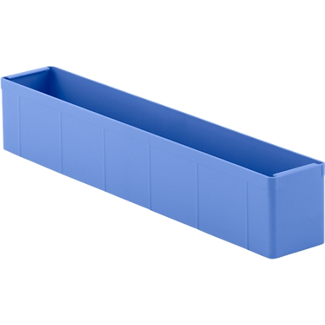 Light blue, oblong plastic box with vertical ribs. Open at the top, for storage.
