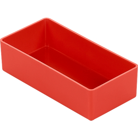 Red rectangular storage box without lid, photographed slightly diagonally from above.