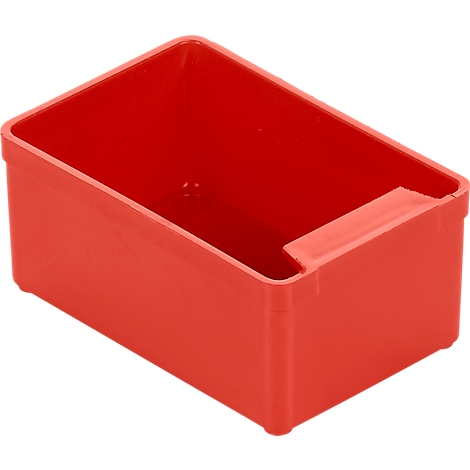 Red rectangular plastic box with a recess on the side.