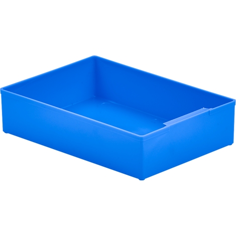 Blue rectangular plastic box, empty. It has slightly rounded corners and a small recess.