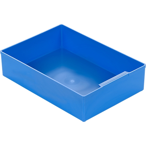 Blue rectangular plastic box with a recess. Interior light blue, exterior darker. On a white background.